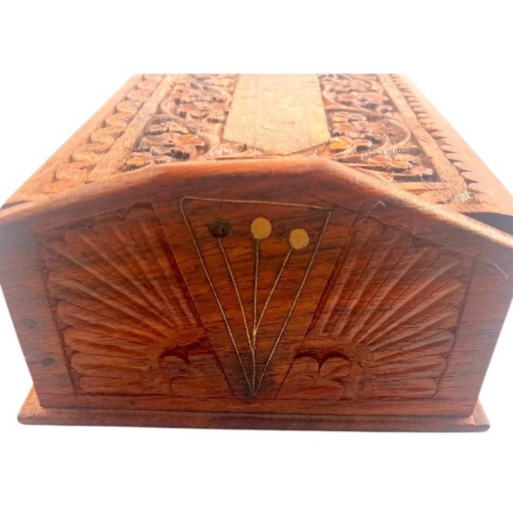 Vintage Ornate Indian Wooden Box Carved Floral Gold Paint Jewelry Trinket Holder